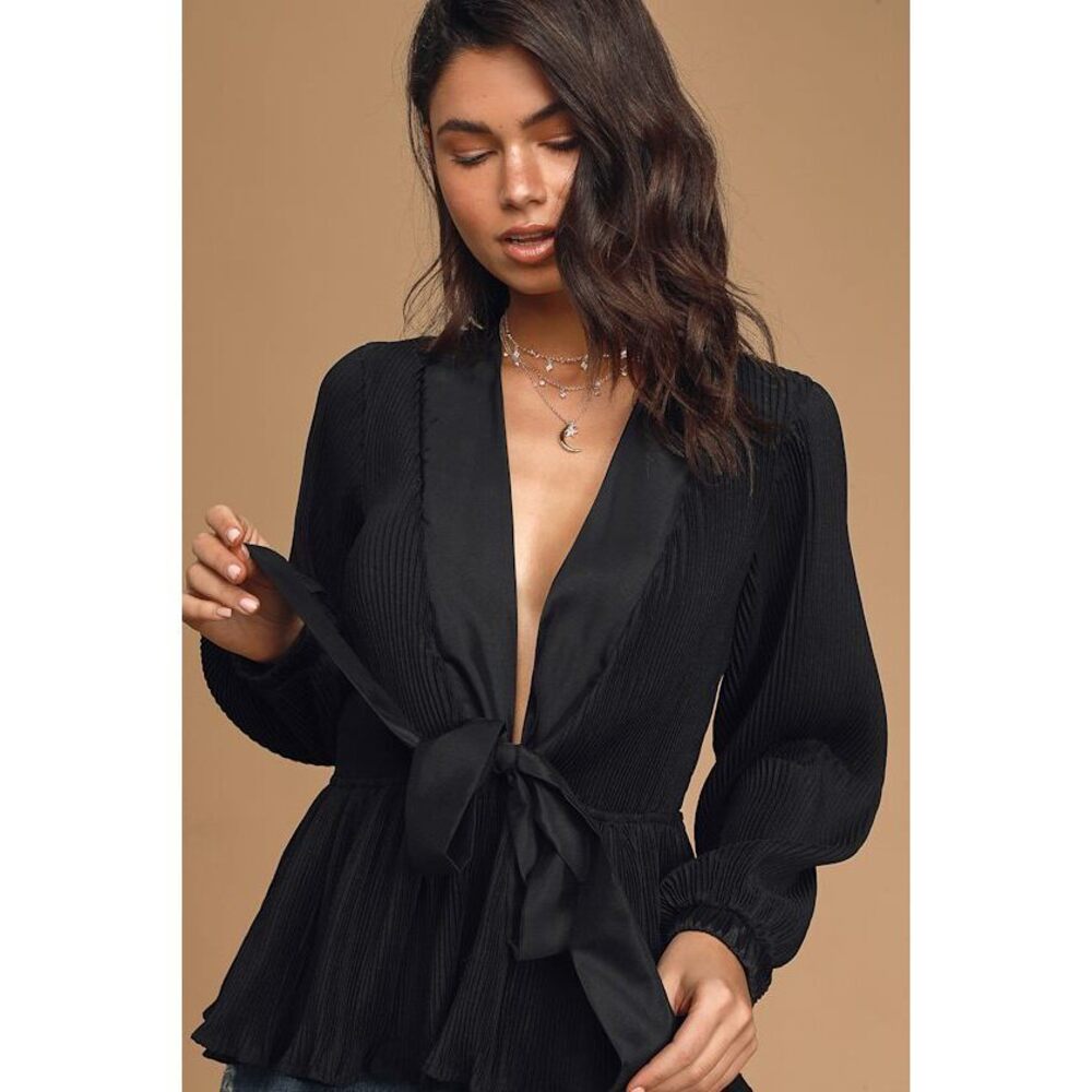 Lulus Sweet Victory Black Pleated Tie-front Peplum Top - Size S